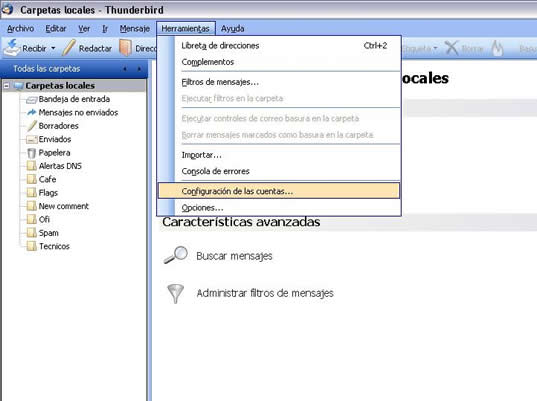 Herramientas -> Configuraci&oacute;n de las cuentas
